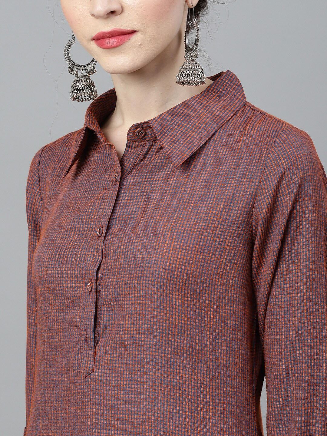 Women's  Blue & Orange Striped A-Line Kurta