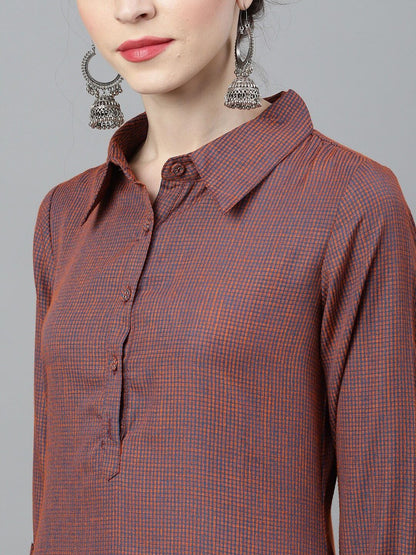 Women's  Blue & Orange Striped A-Line Kurta