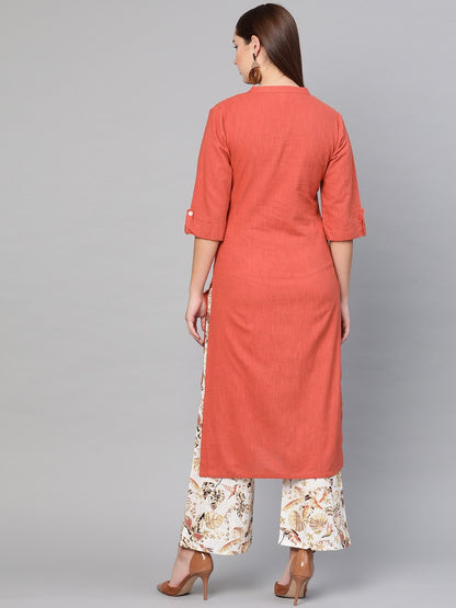 Women's  Rust Orange & Off-White Embroidered Kurta with Palazzos
