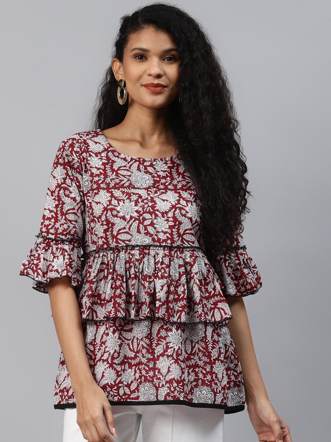 Women's Maroon & Offwhite Printed Top