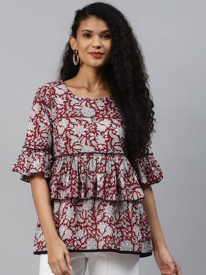 Women's Maroon & Offwhite Printed Top