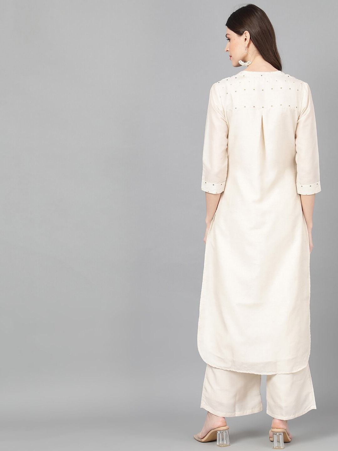 Women's  Off-White & Gold-Coloured Woven Design Straight Kurta