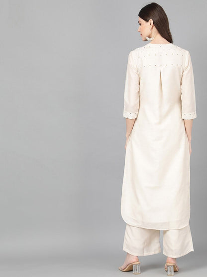Women's  Off-White & Gold-Coloured Woven Design Straight Kurta