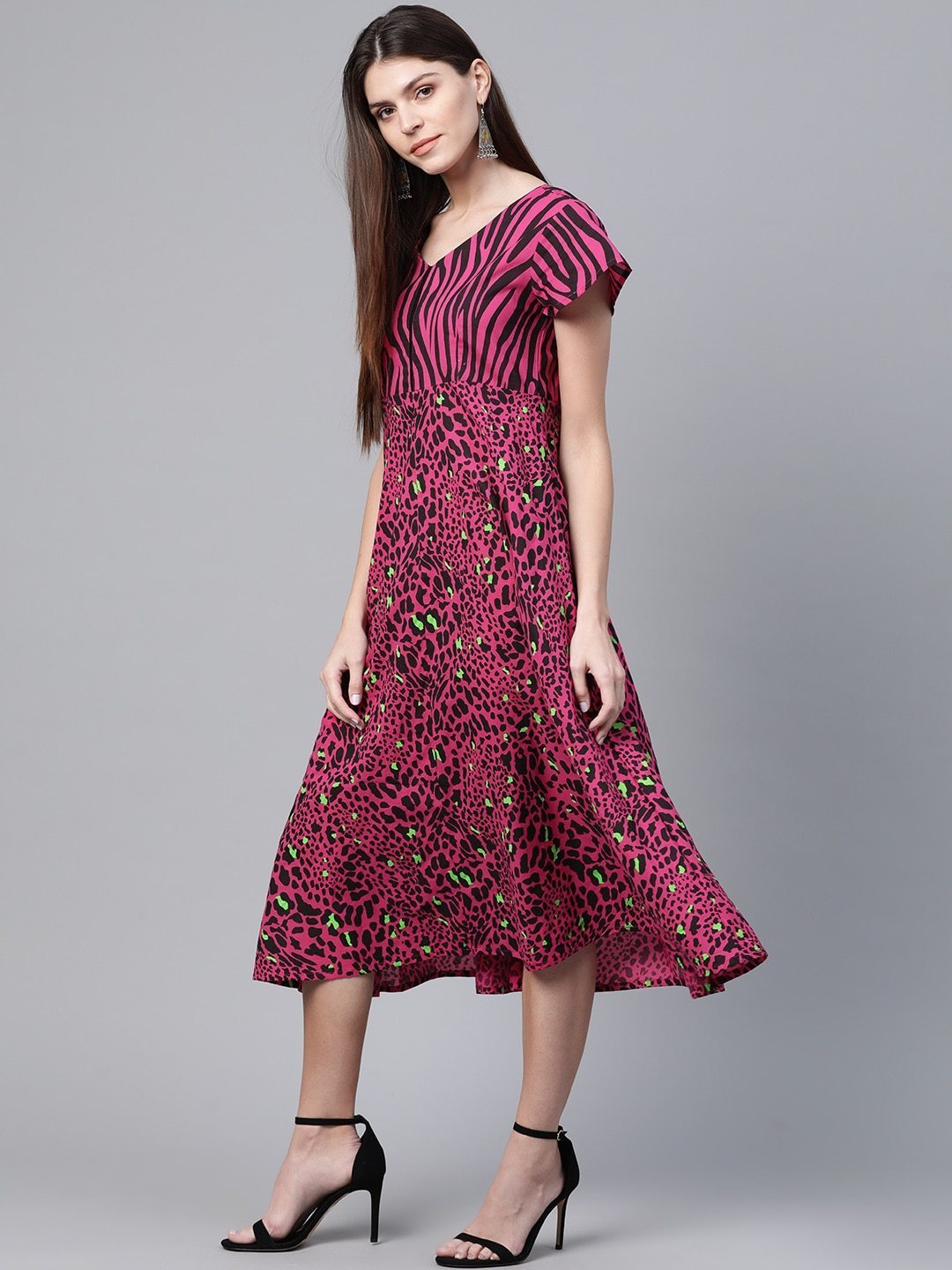 Women's  Pink & Black Animal Printed A-Line Dress