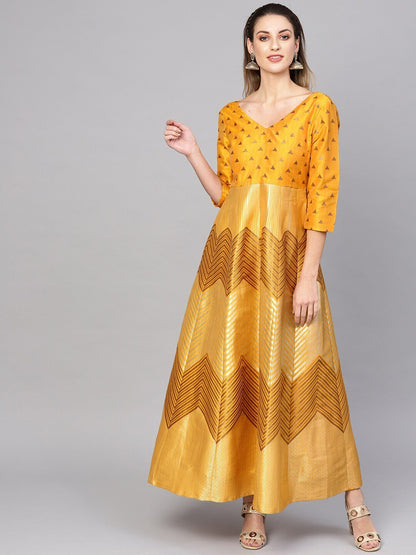 Women's  Mustard Yellow & Golden Jacquard Patterned Brocade Maxi Dress