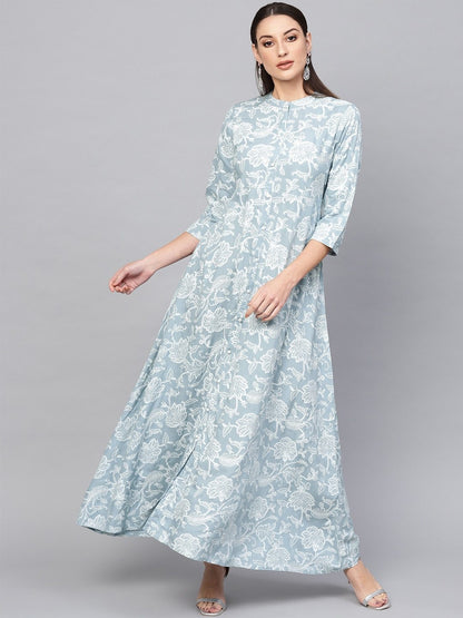 Women's  Blue & White Khari Floral Print Maxi Dress