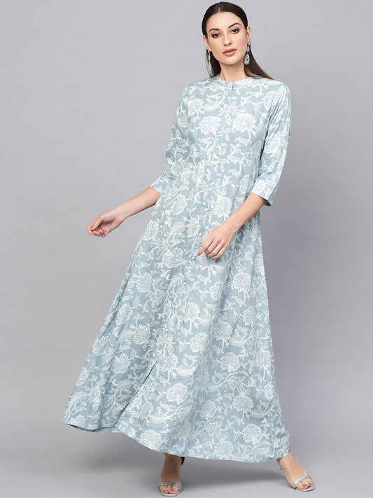 Women's  Blue & White Khari Floral Print Maxi Dress
