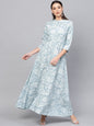 Women's  Blue & White Khari Floral Print Maxi Dress