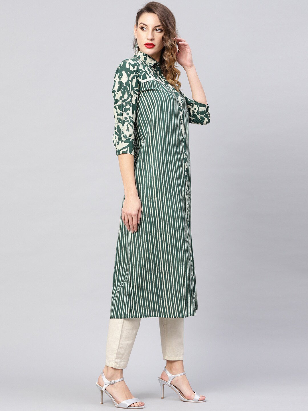 Women's  Green & Beige Striped Shirt A-Line Kurta