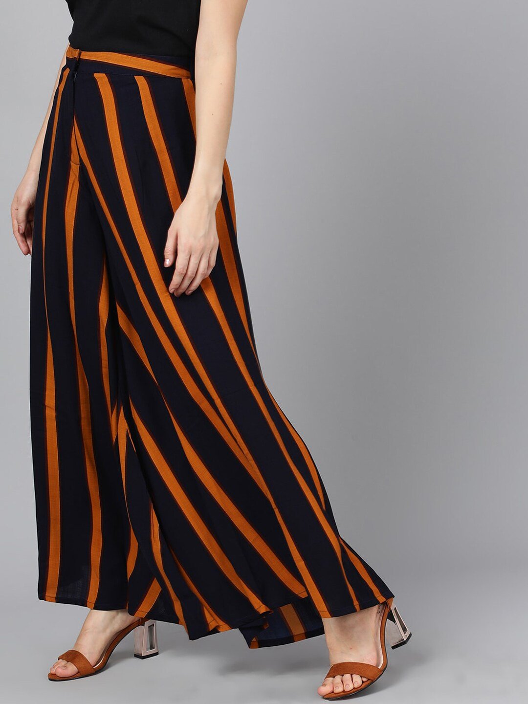 Women's  Navy Blue & Orange Striped Wide Leg Palazzos
