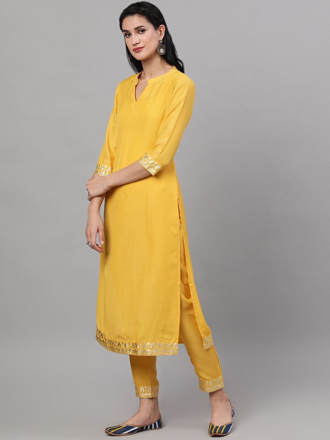 Women's  Yellow & Gold-Toned Embroidered Kurta with Trousers