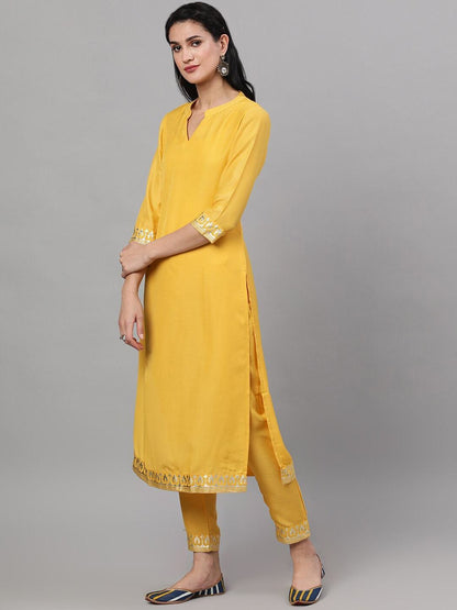 Women's  Yellow & Gold-Toned Embroidered Kurta with Trousers