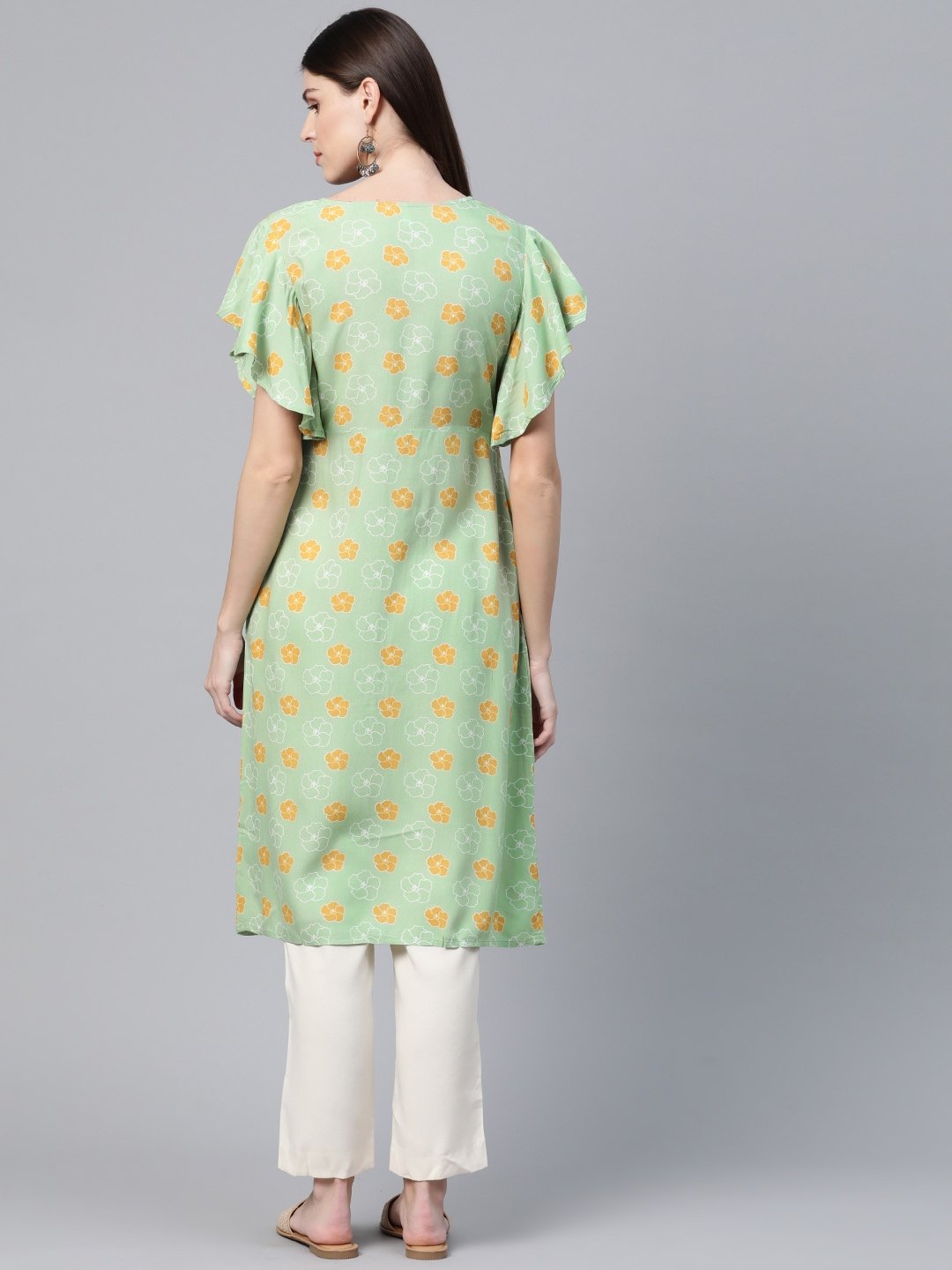 Women's  Green & Mustard Yellow Floral Printed Flutter Sleeves Long Tunic