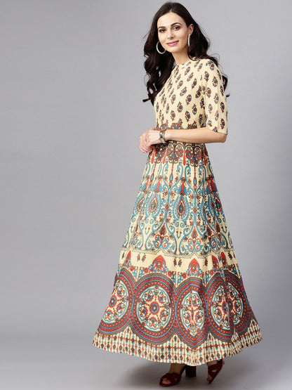 Women's  Cream-Coloured & Blue Printed Maxi Dress