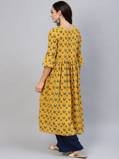 Women's  Mustard Yellow & Green Printed A-Line Maternity Kurta