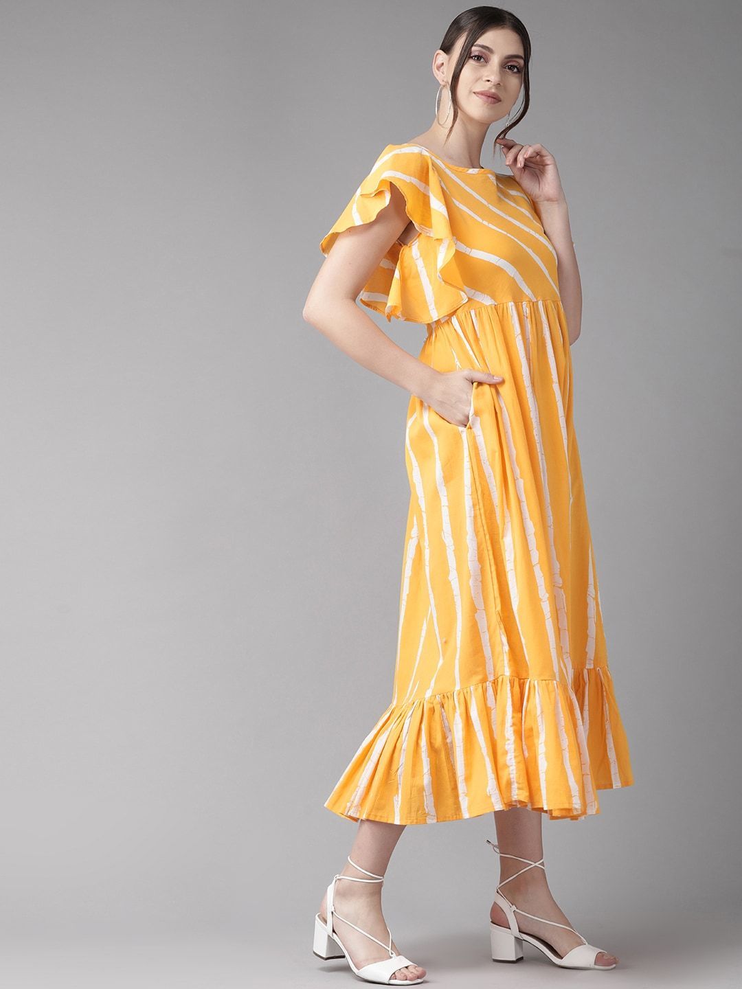 Women's  Mustard Yellow & White Striped A-Line Dress