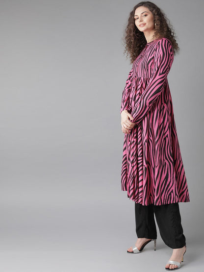 Women's  Pink & Black Printed Anarkali Kurta