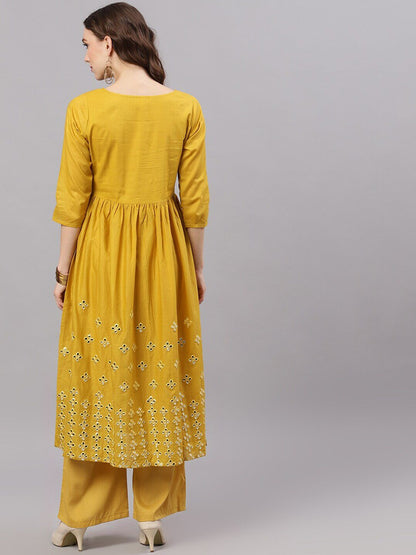 Women's  Mustard Yellow Mirror Work Anarkali Kurta