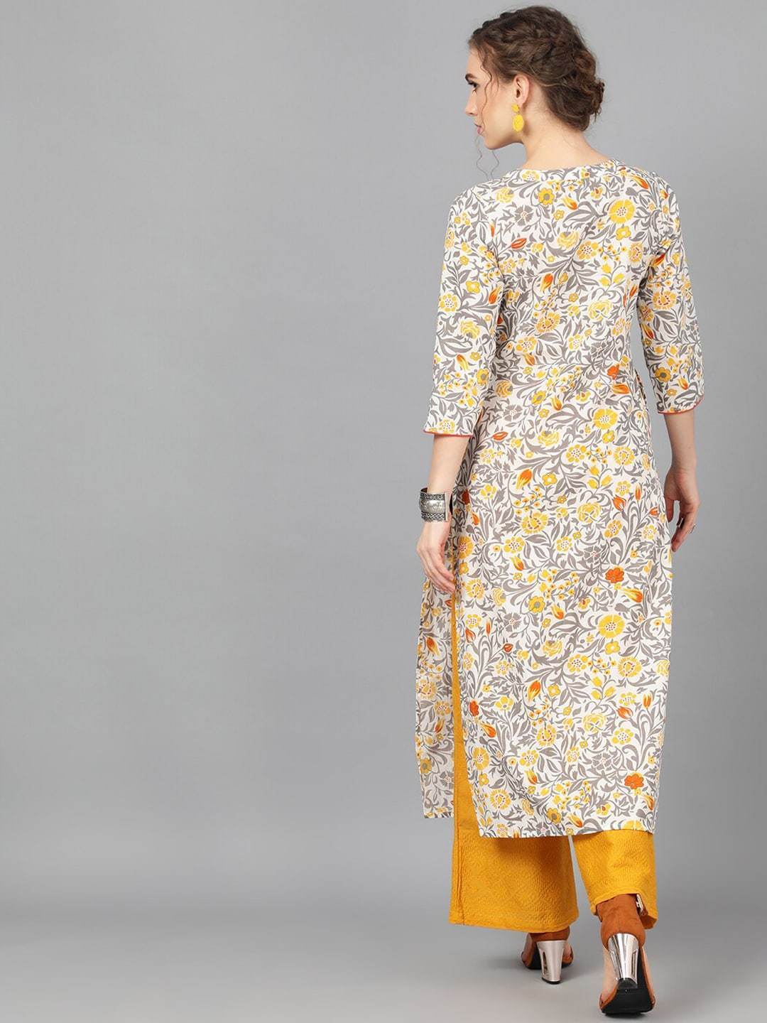 Women's  Grey & Yellow Printed Straight Kurta