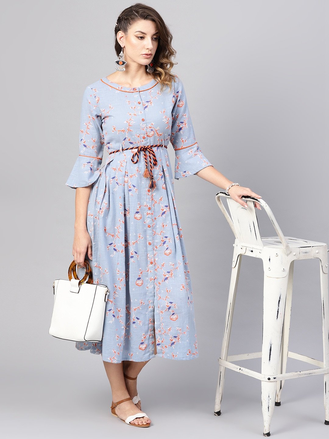 Women's  Blue & Orange Quirky Printed A-Line Dress