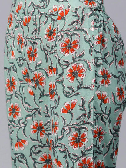 Women's  Green & Orange Printed Kurta with Sharara & Dupatta