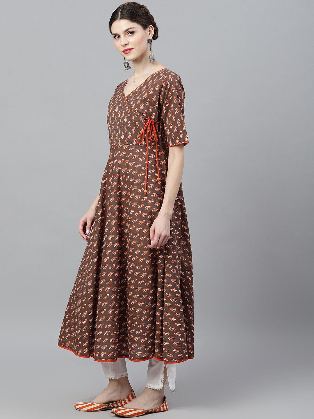 Women's  Brown & Orange Checked Anarkali Kurta