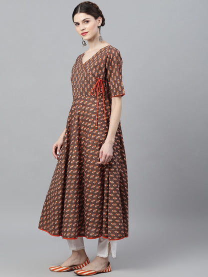 Women's  Brown & Orange Checked Anarkali Kurta