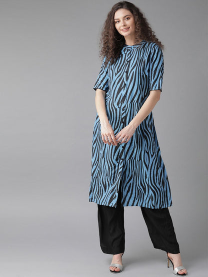 Women's  Blue & Black Printed A-Line Kurta
