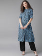 Women's  Blue & Black Printed A-Line Kurta