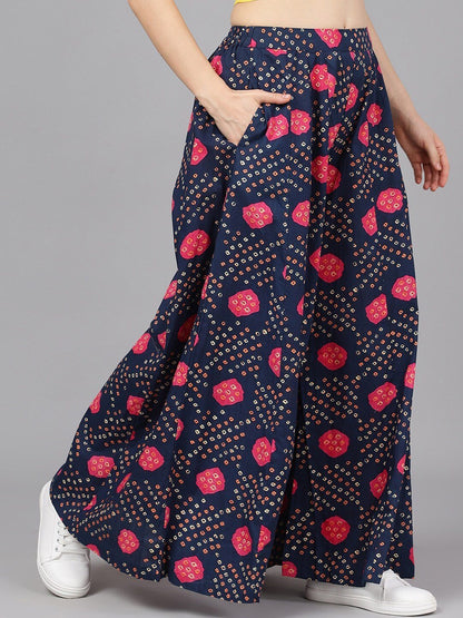 Women's  Navy Blue & Pink Bandhani Printed Flared Palazzos