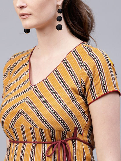 Women's  Mustard Yellow & Burgundy Striped Maxi Dress
