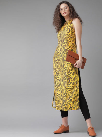 Women's  Yellow & Charcoal Grey Zebra Print Straight Kurta