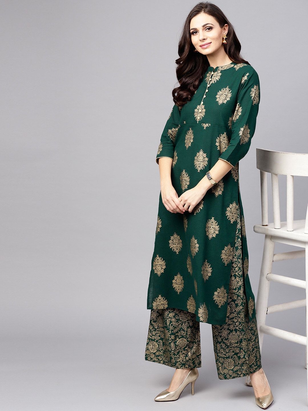 Women's  Green & Golden Printed Kurta with Palazzos