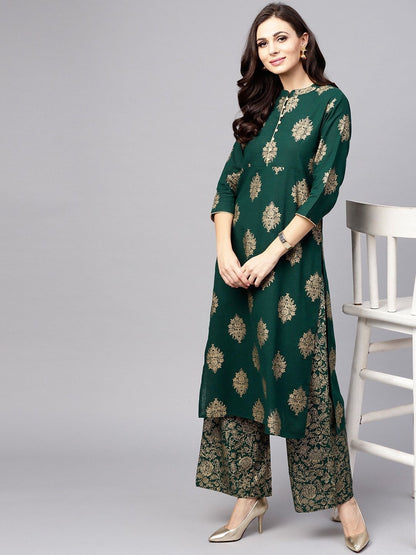 Women's  Green & Golden Printed Kurta with Palazzos