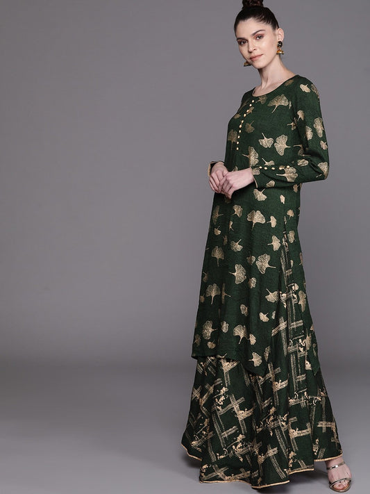 Women's  Green & Golden Printed Kurta with Skirt
