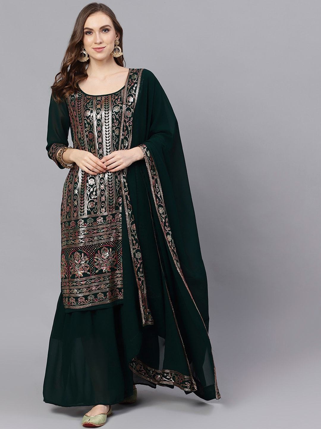 Women's  Green & Gold-Toned Embroidered Kurta with Palazzos & Dupatta