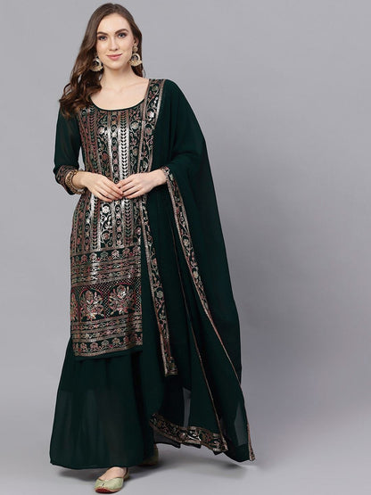 Women's  Green & Gold-Toned Embroidered Kurta with Palazzos & Dupatta