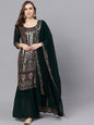 Women's  Green & Gold-Toned Embroidered Kurta with Palazzos & Dupatta