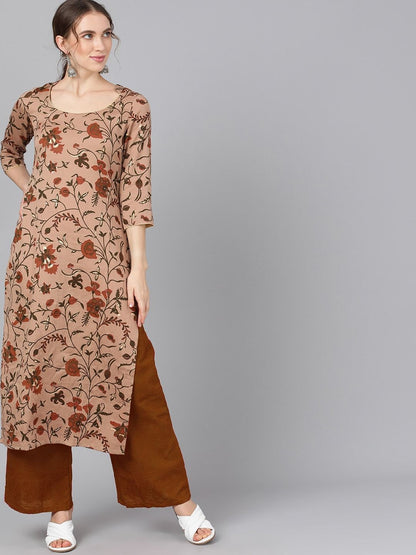Women's  Brown & Red Floral Printed Straight Kurta