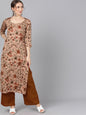 Women's  Brown & Red Floral Printed Straight Kurta
