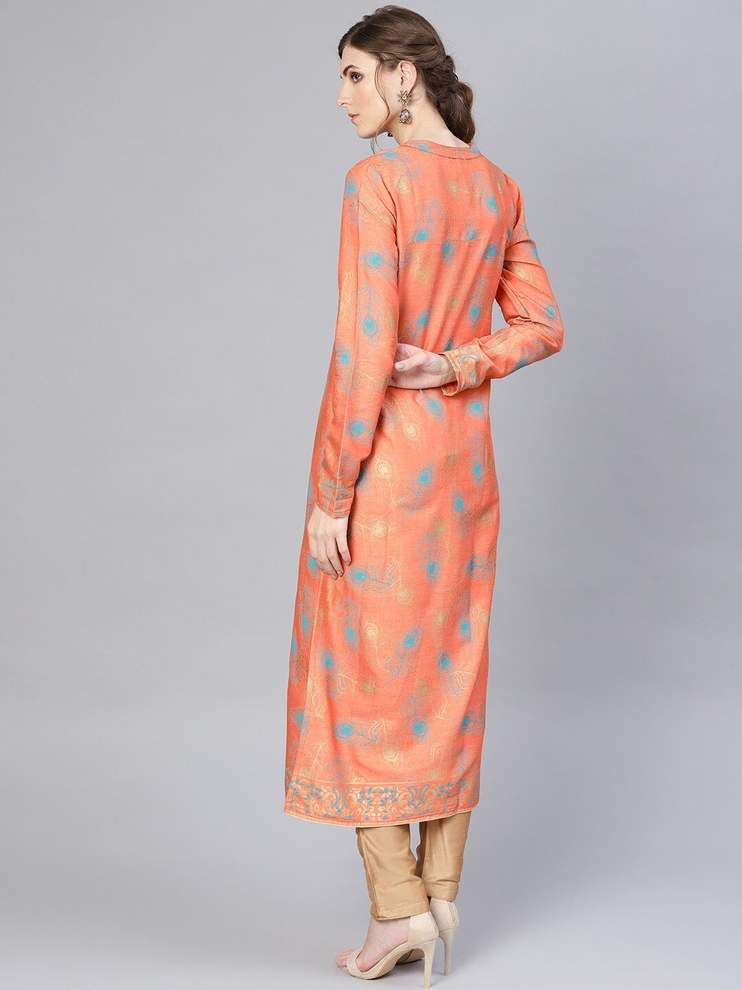 Women's  Peach-Coloured & Blue Printed Straight Kurta