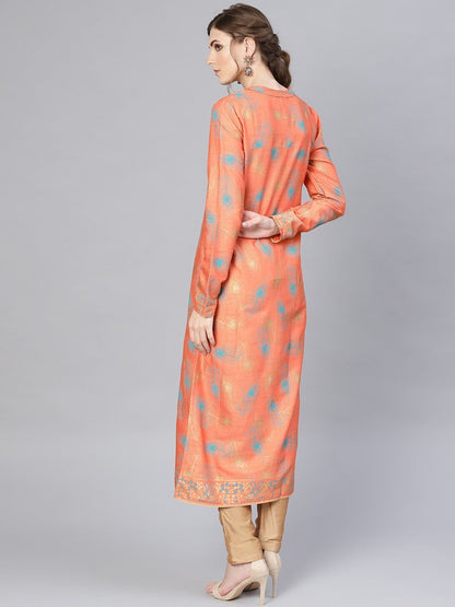 Women's  Peach-Coloured & Blue Printed Straight Kurta