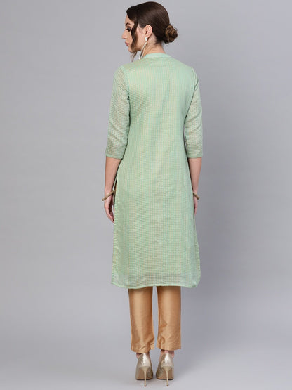 Women's  Green & Beige Checked Straight Kurta