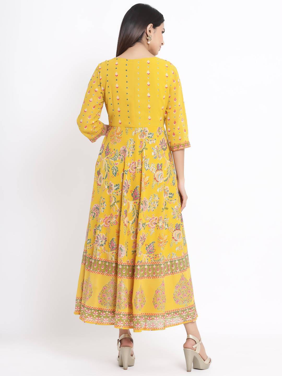 Women's Mustard Georgette Printed Flared Dress With Hair-Band