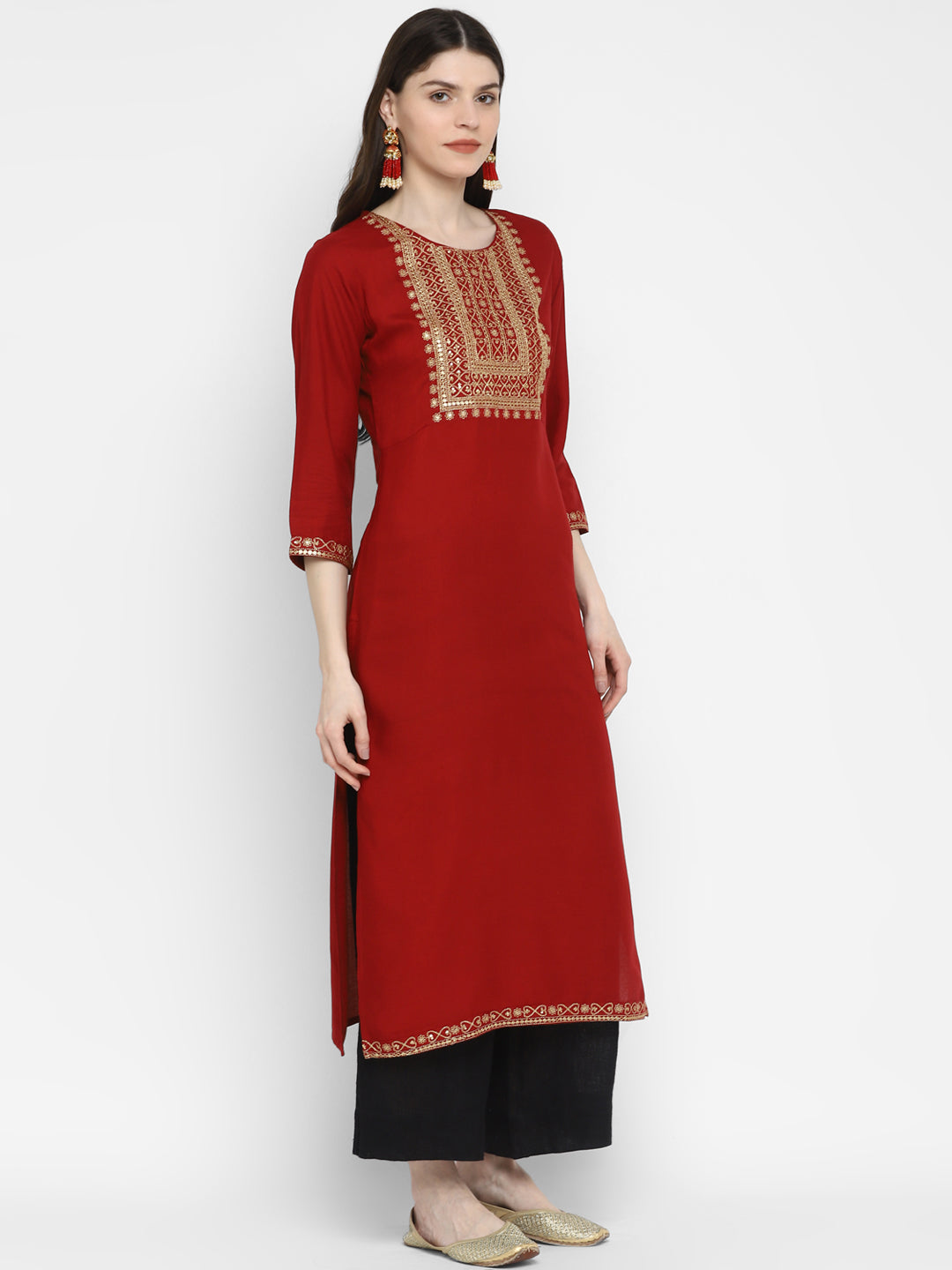 Women's Sequence & Solid Straight Rayon Maroon Kurta  (1Pc)