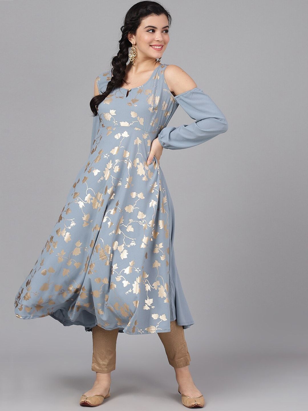Women's  Grey & Gold-Toned Printed Anarkali Kurta