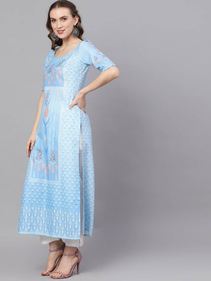 Women's  Blue & White Printed A-Line Kurta