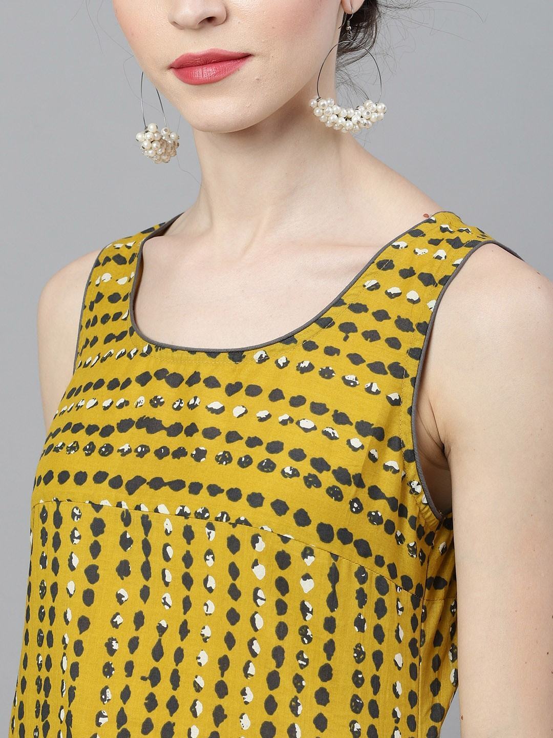 Women's  Mustard & Grey Striped Straight Kurta