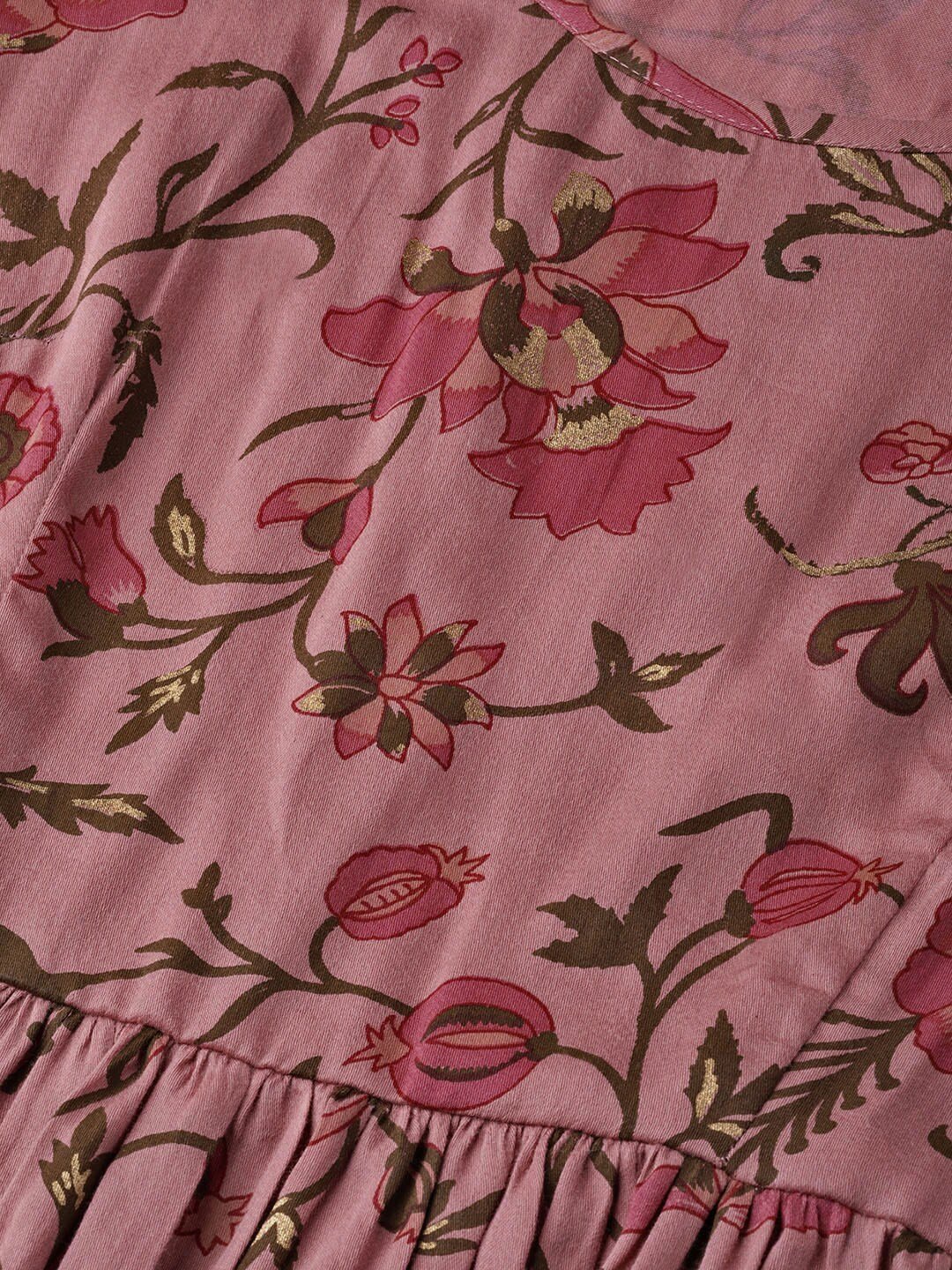 Women's  Pink & Olive Green Printed A-Line Dress