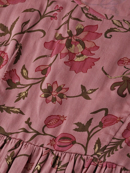 Women's  Pink & Olive Green Printed A-Line Dress